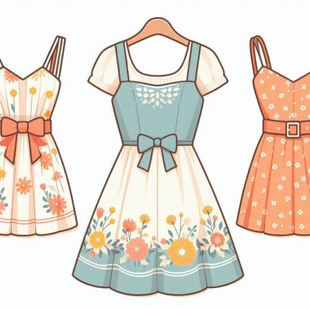 Illustration of a set of dresses with floral patterns on a white backgroundのイラスト素材