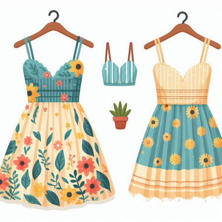 Set of summer women's dresses on hangers. Vector illustration.のイラスト素材