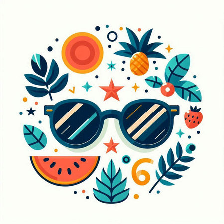 Summer flat style vector illustration. Sunglasses, watermelon and tropical leaves.のイラスト素材