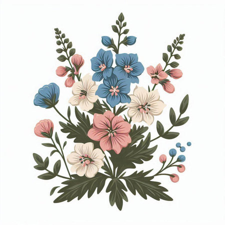 Hand drawn vector abstract floral illustration with wildflowers in vintage style isolated on white background.のイラスト素材