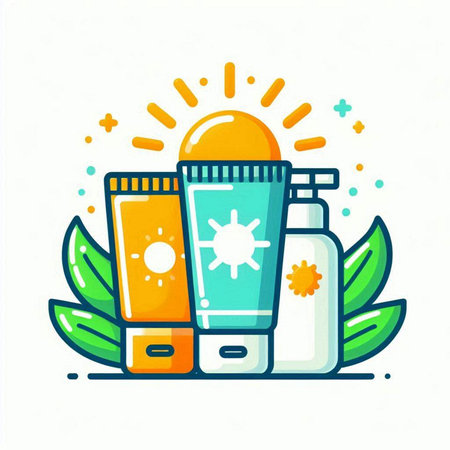 Sunscreen and sunblock lotion bottle. Vector illustration. Sun protection.のイラスト素材