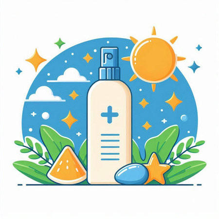 Cosmetic bottle with sun, watermelon and star. Vector illustration.のイラスト素材