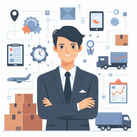 Businessman standing with crossed arms and looking at camera, vector illustration.のイラスト素材