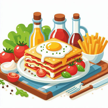 Illustration of a plate of lasagna with fried egg and french friesのイラスト素材