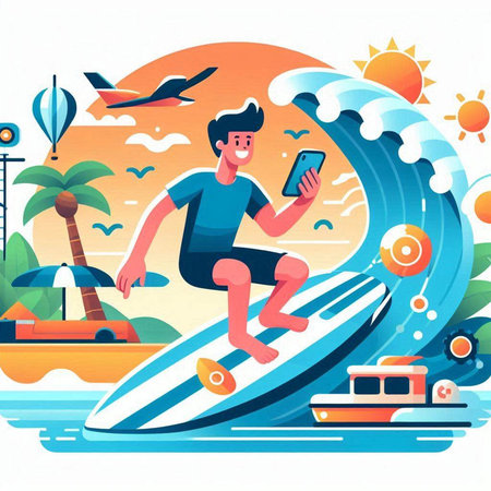 Man surfing on the sea waves. Summer vacation concept. Vector illustrationのイラスト素材