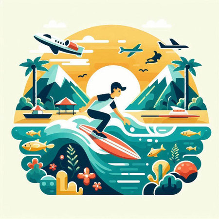 Summer vacation concept. Surfing. Vector illustration in flat style.のイラスト素材