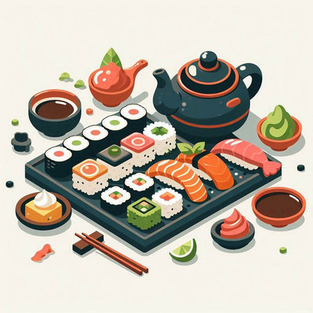 Japanese cuisine isometric composition with sushi rolls and teapot vector illustrationのイラスト素材