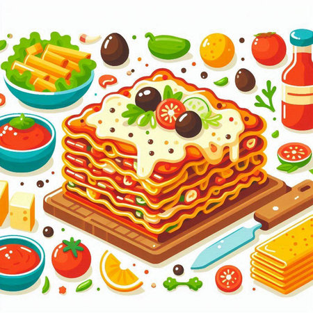 Illustration of lasagna on wooden board with ingredients for cooking.のイラスト素材