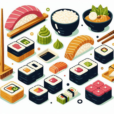 Japanese food isometric icons set with sushi and rolls isolated vector illustrationのイラスト素材