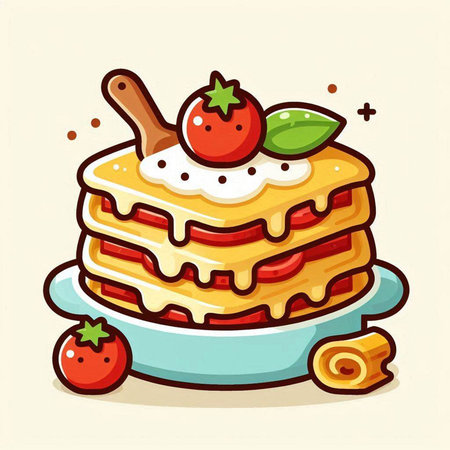 Vector illustration of stack of pancakes with strawberry and whipped cream on white backgroundのイラスト素材