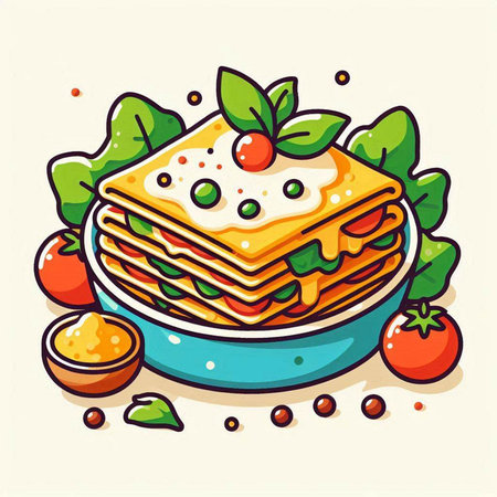 Illustration of a stack of tasty lasagna with tomato and basilのイラスト素材