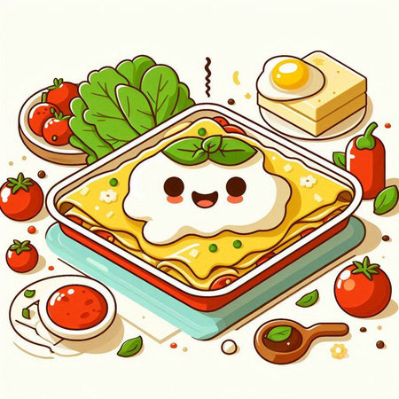 Illustration of lasagna with tomato sauce and mozzarella cheeseのイラスト素材