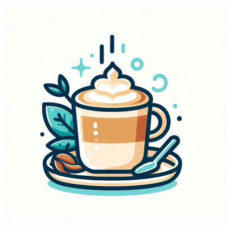 Cup of coffee with whipped cream, spoon and leaves. Vector illustration.のイラスト素材