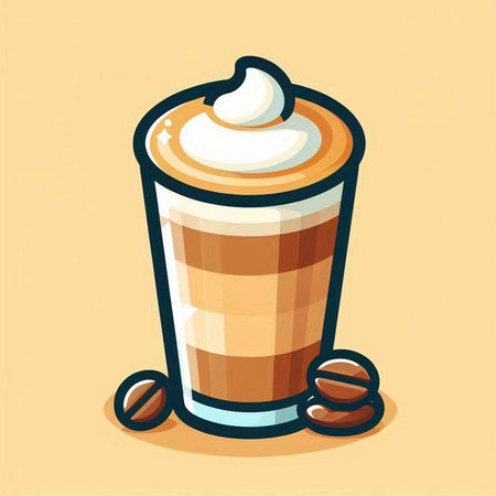 Coffee cup with whipped cream and coffee beans. Vector illustration.のイラスト素材