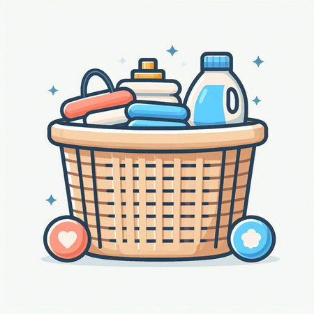 Laundry basket with detergents and cleaning products. Vector illustration.のイラスト素材