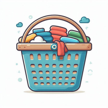 Illustration of a basket full of clean clothes. Vector illustration.のイラスト素材