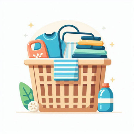 Laundry basket with cleaning products. Vector illustration in flat styleのイラスト素材
