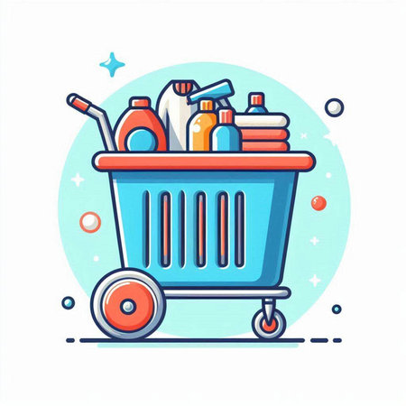 Shopping cart with cleaning products. Vector illustration in flat style.のイラスト素材