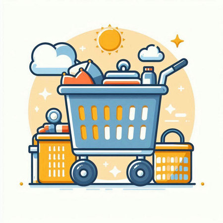 Vector illustration of shopping cart with products. Flat line art design.のイラスト素材