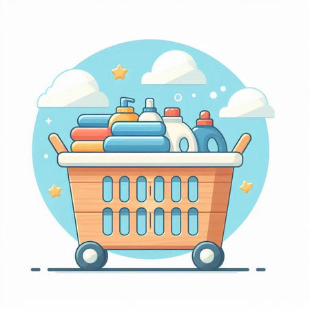 Shopping basket with cleaning products. Vector illustration in cartoon style.のイラスト素材