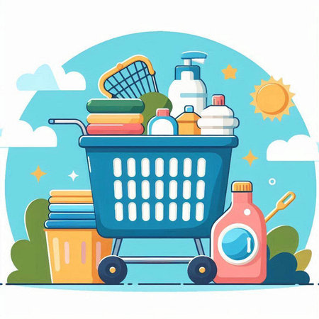 Shopping cart full of cleaning products. Vector illustration in flat styleのイラスト素材