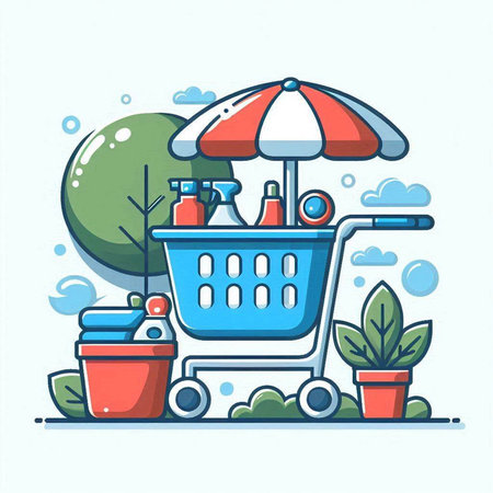 Shopping cart with cleaning products. Vector illustration in flat style.のイラスト素材