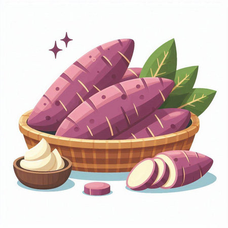 Sweet potato in a basket isolated on white background. Vector illustration.のイラスト素材