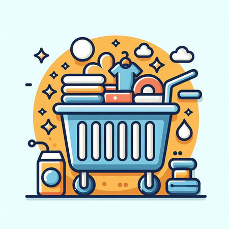 Shopping cart with products. Flat line art style vector illustration.のイラスト素材