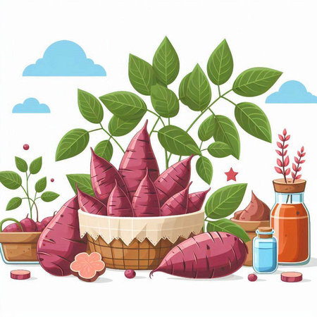 Illustration of a Sweet Potato Plant in a Wicker Basketのイラスト素材