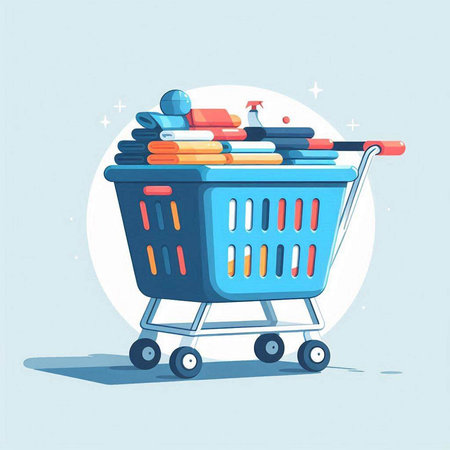 Cartoon shopping cart with clothes. Vector illustration in flat style.のイラスト素材