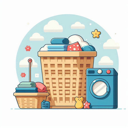 Laundry basket with washing machine and clothes. Vector illustration.のイラスト素材