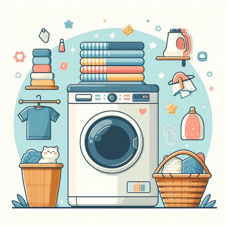 Laundry service. Vector illustration in flat style. Washing machine, basket with towels, ironing board, ironing board, washing powder, ironing clothes.のイラスト素材