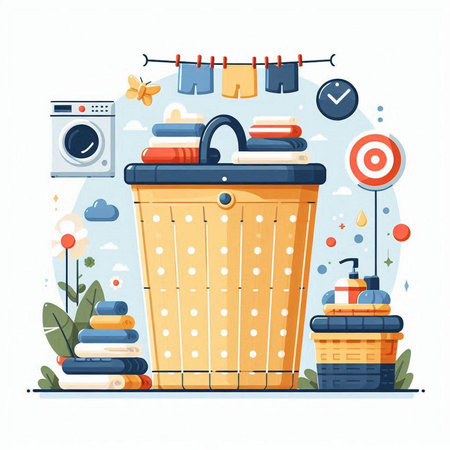 Laundry basket with clean clothes and dryer. Vector illustrationのイラスト素材