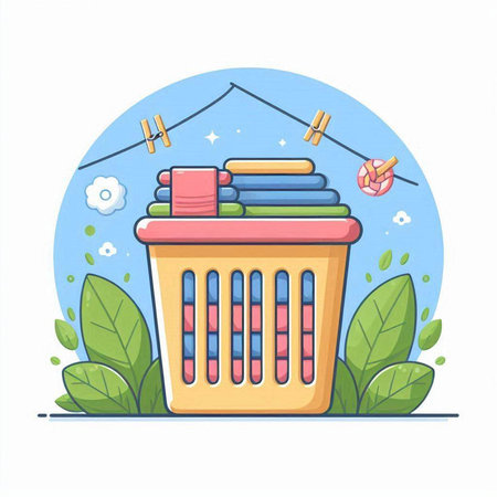 Laundry basket with clothespins and towels. Flat vector illustration.のイラスト素材