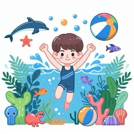Cute little boy swimming in the sea with toys. Vector illustration.のイラスト素材