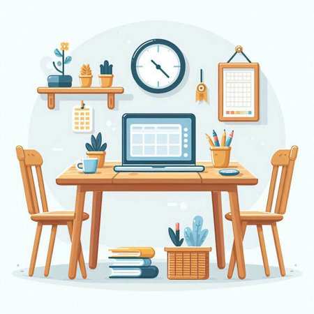 Flat design modern vector illustration concept of home office. Workspace with laptop, desk, chair, books, clock, clock, cactus, plant.のイラスト素材