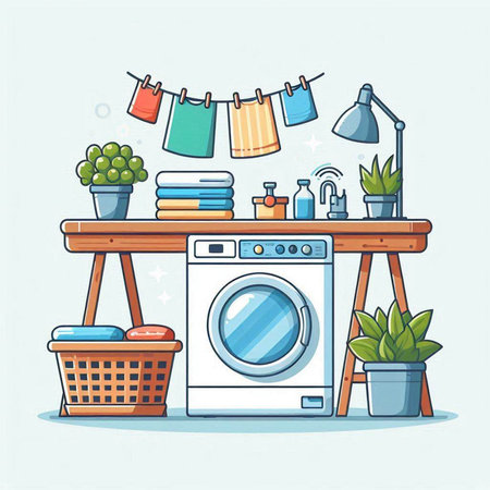 Laundry room with washing machine and basket of clothes. Vector illustrationのイラスト素材