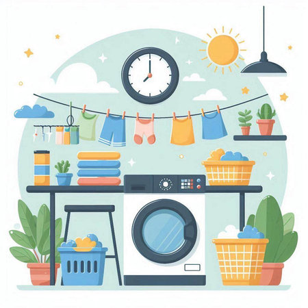 Laundry room with washing machine, clothes dryer, laundry basket, washing powder, drying clothes. Flat vector illustration.のイラスト素材