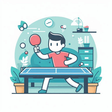 Young man playing table tennis at home. Flat style vector illustration.のイラスト素材