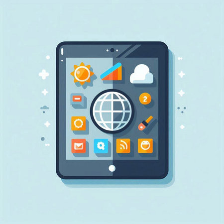 Tablet PC with social media icons. Flat design vector illustration.のイラスト素材