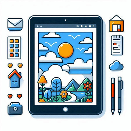 Tablet PC with home, clouds, sun, trees and other elementsのイラスト素材