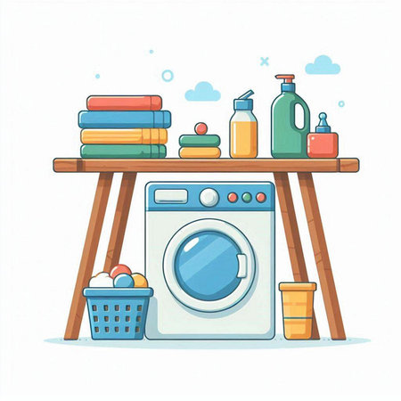 Laundry room. Washing machine and cleaning products. Vector illustration.のイラスト素材