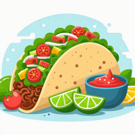 Illustration of a Taco with Limes, Tomato and Cucumberのイラスト素材