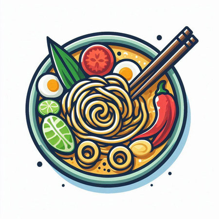 Bowl of noodles with vegetables and chopsticks. Vector illustration.のイラスト素材