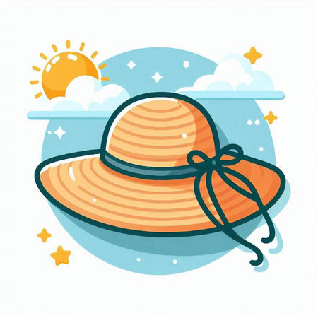 Summer hat with sun and clouds. Vector illustration in cartoon style.のイラスト素材