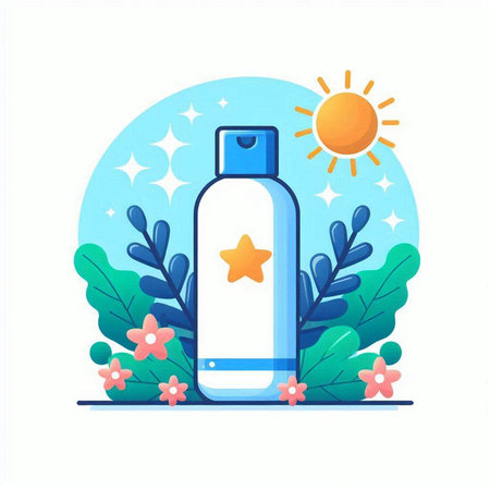 Sunscreen bottle with a star and flowers. Flat vector illustration.のイラスト素材