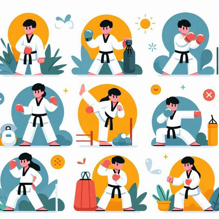 Taekwondo flat vector illustration set. Cartoon character in kimono. Martial arts and healthy lifestyle.のイラスト素材