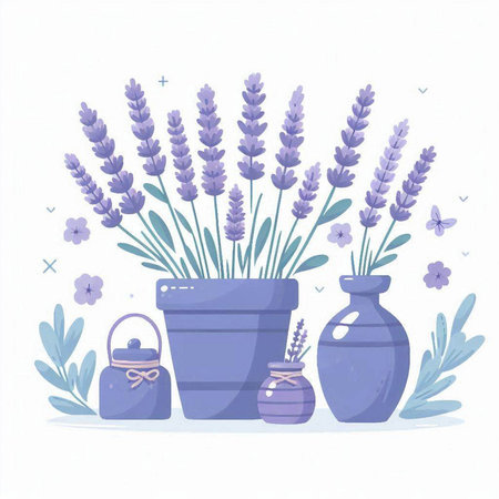 Vector illustration of lavender flowers in a vase and jars.のイラスト素材