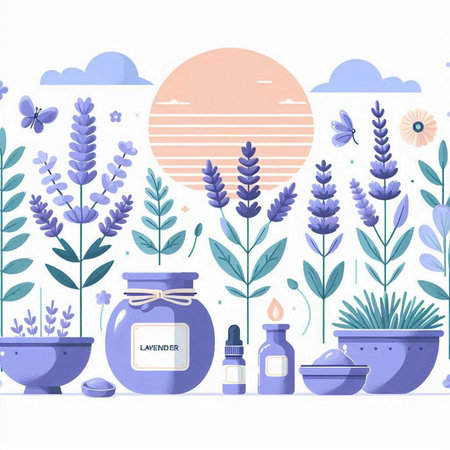 Lavender spa background with lavender flowers, bottles of essential oil, candle, stones and leaves. Vector illustration.のイラスト素材