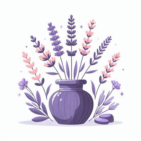 Lavender flowers in vase. Vector illustration on white background.のイラスト素材